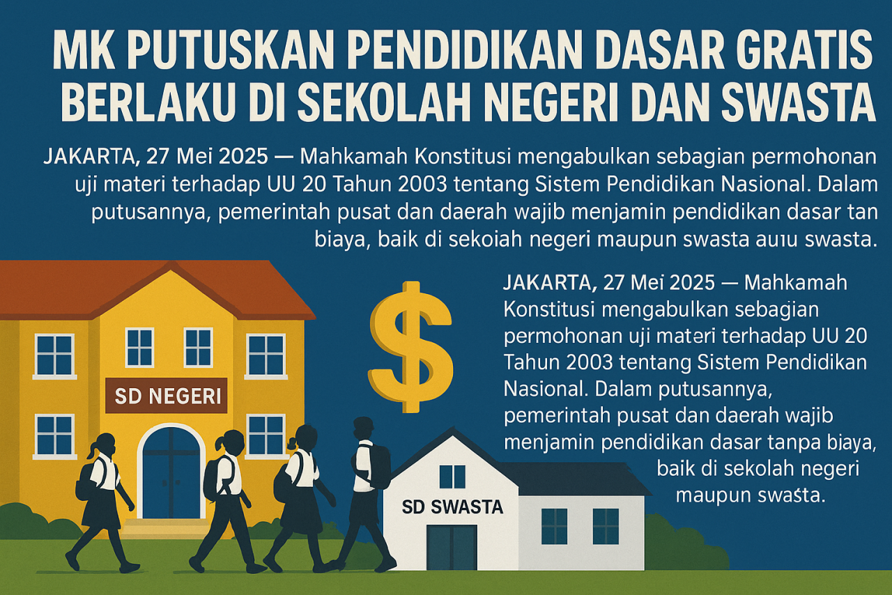 MK Putuskan Pendidikan Dasar Dan SMP Gratis Berlaku di Sekolah Negeri dan Swasta