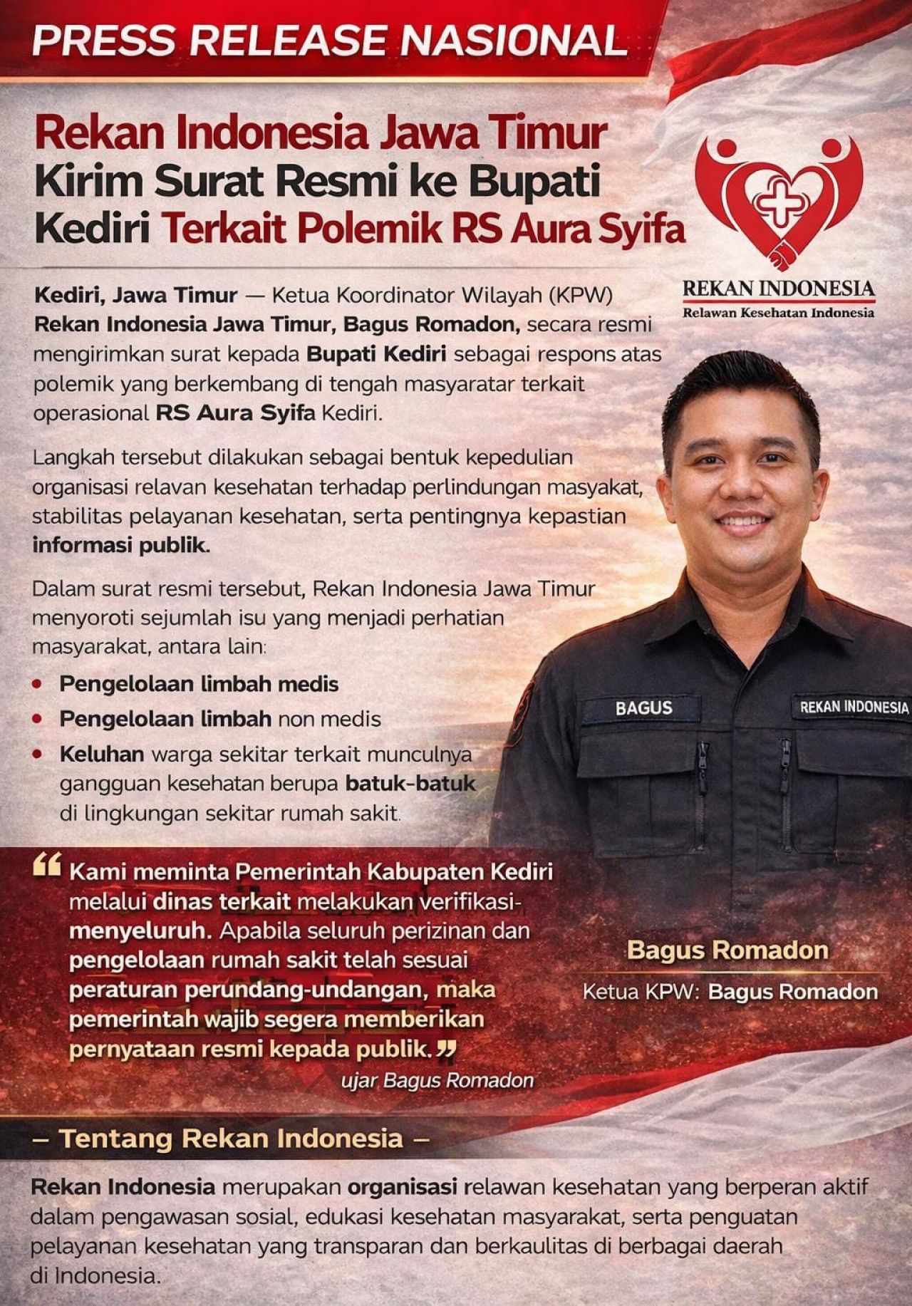 Rekan Indonesia Jawa Timur Kirim Surat ke Bupati Kediri Terkait Polemik RS Aura Syifa
