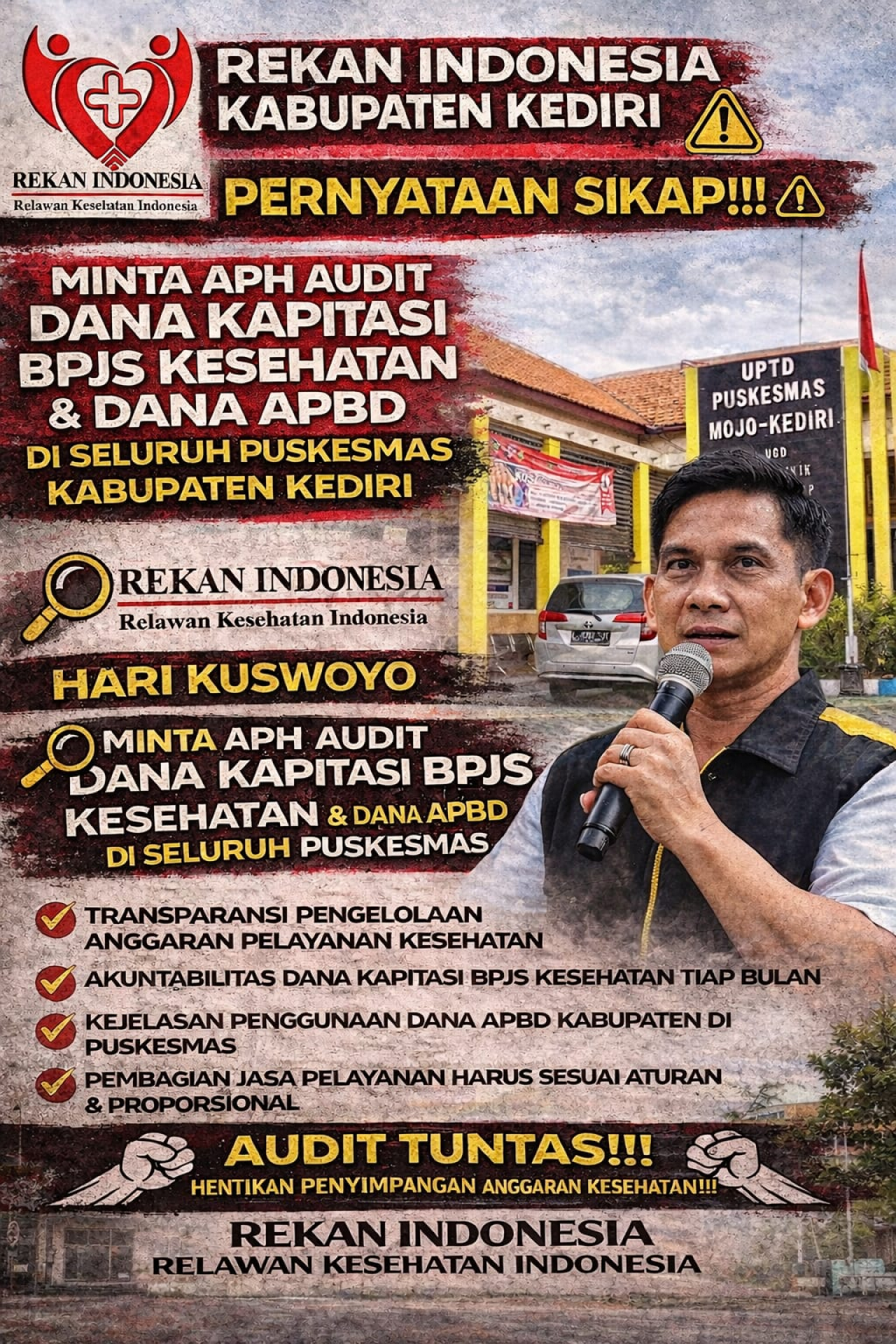 Ketua Rekan Indonesia Kabupaten Kediri Desak Audit Dana Kapitasi BPJS dan Dana APBD di Seluruh Puskesmas