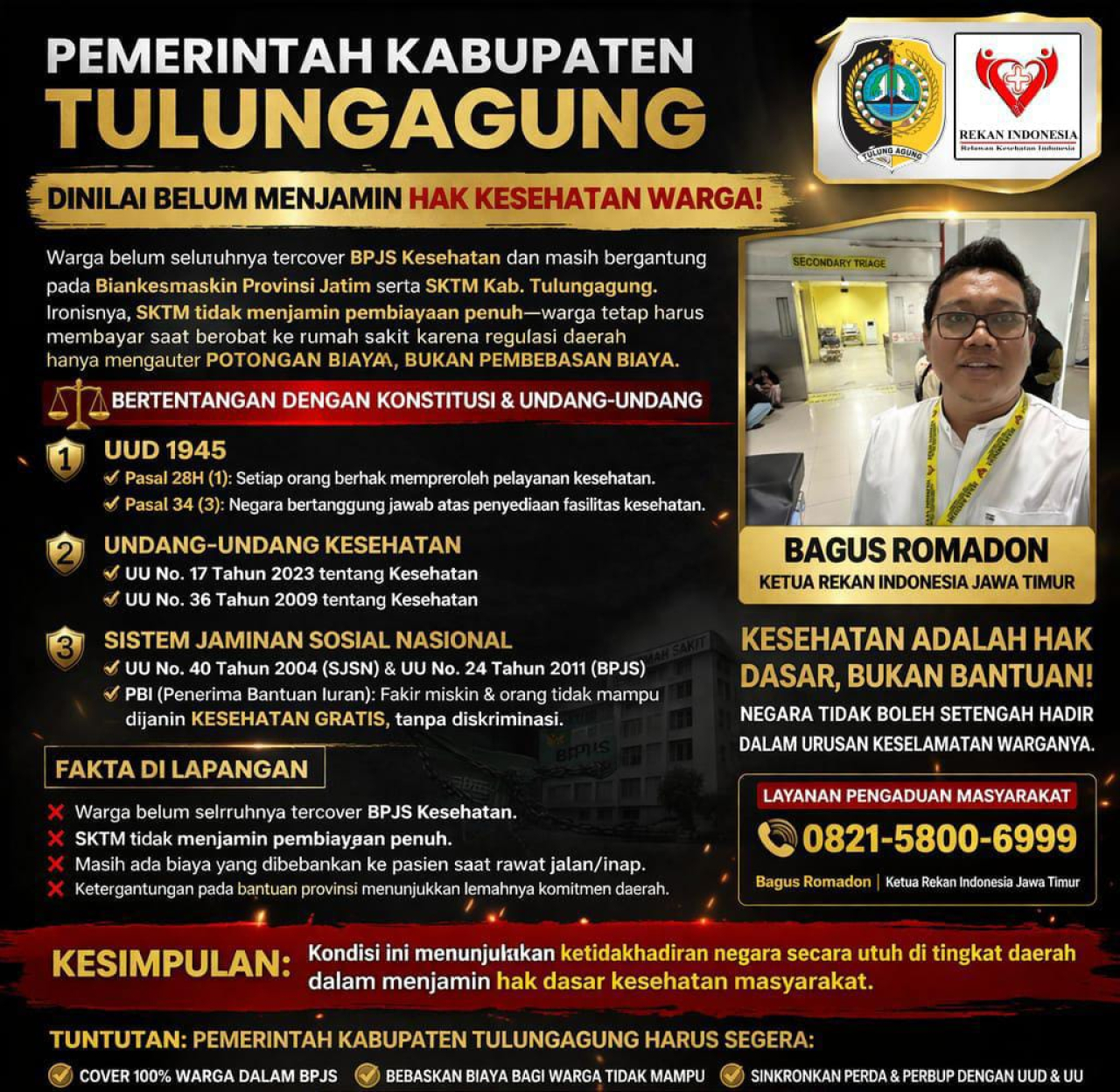 Akses Kesehatan Dinilai Masih Bermasalah, Rekan Jatim Soroti Kinerja Pemkab Tulungagung