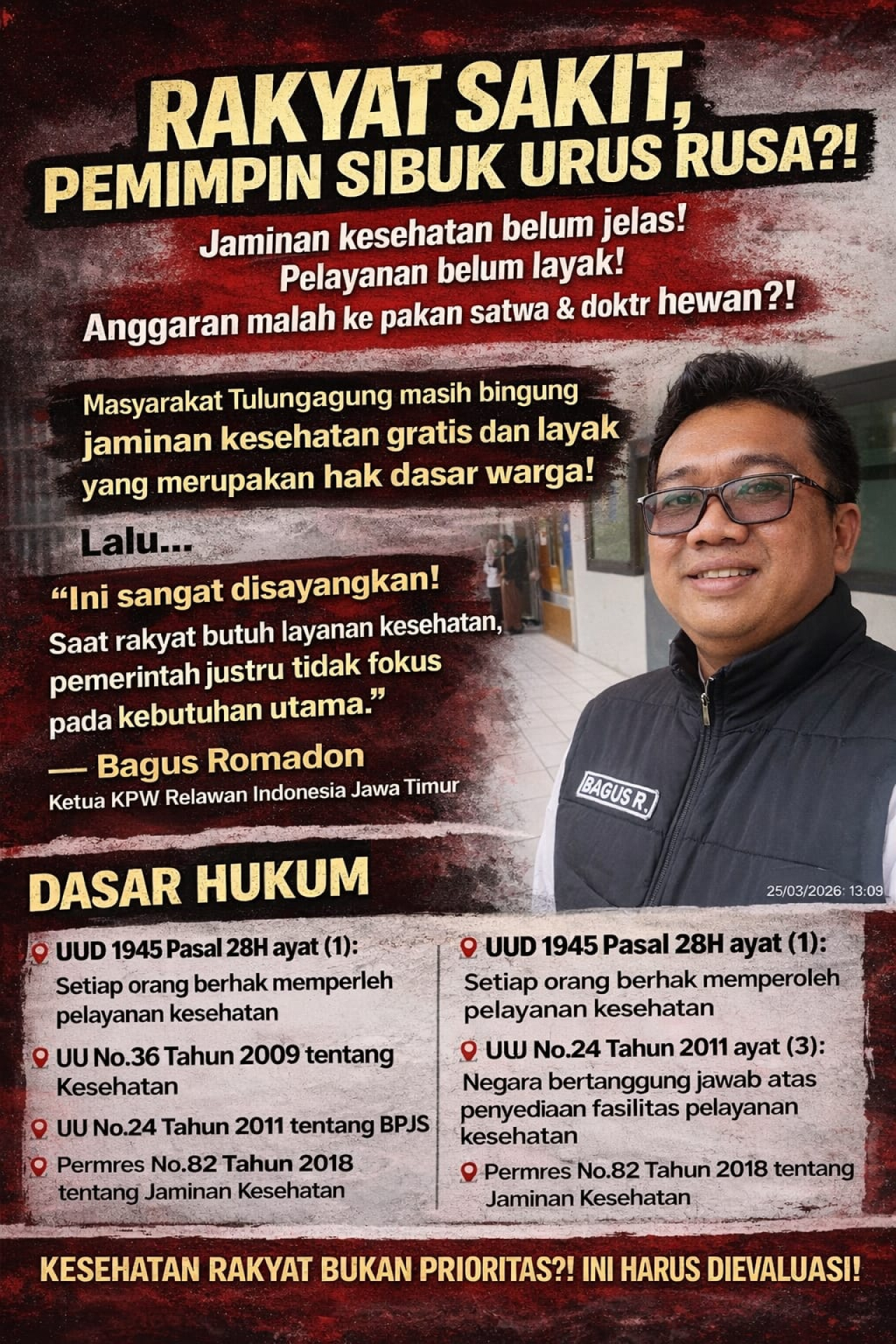 Kesehatan Dipertanyakan, Rekan Indonesia Jatim Kritik Keras Kebijakan Pemkab Tulungagung