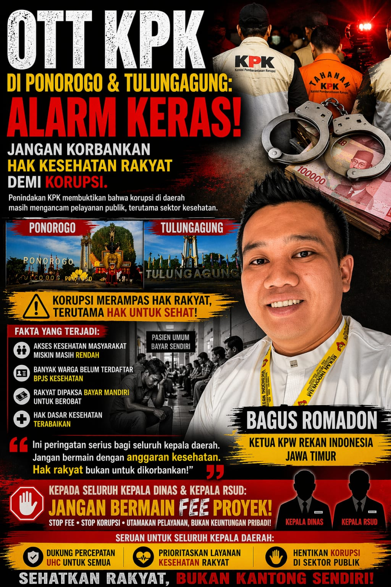 OTT KPK di Ponorogo & Tulungagung Jadi Alarm Keras, Rekan Indonesia: Jangan Ada Fee Proyek di Sektor Kesehatan