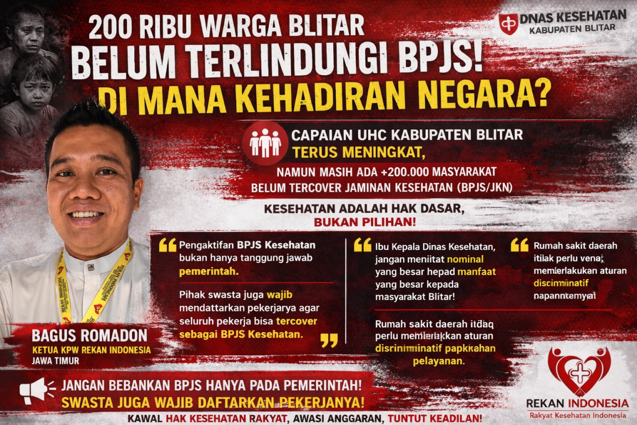 Rekan Indonesia Jatim Soroti Kesenjangan UHC Blitar: 200 Ribu Warga Belum Terlindungi BPJS