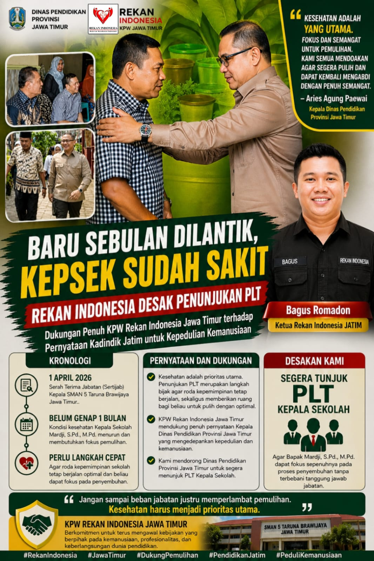 Kepsek SMAN 5 Taruna Brawijaya Sakit Usai Sertijab, Rekan Indonesia Jatim Desak Penunjukan PLT