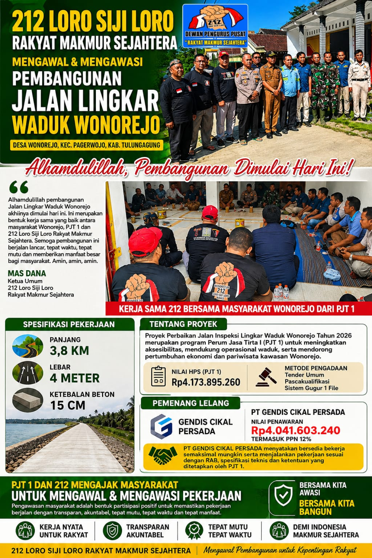 Pembangunan Jalan Lingkar Waduk Wonorejo Dimulai, 212 Loro Siji Loro Ajak Masyarakat Kawal Proyek Rp4 Miliar