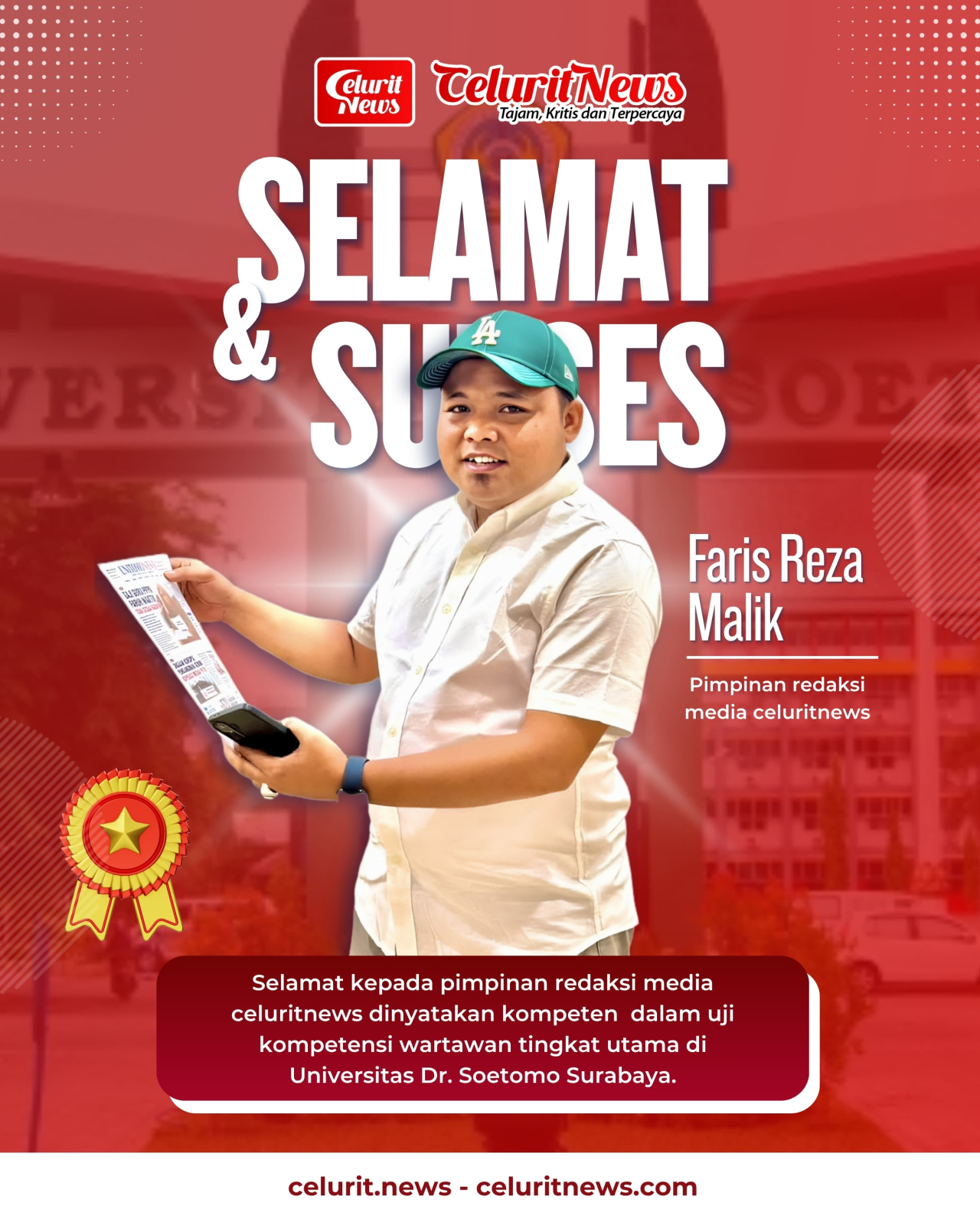 Selamat dan sukses pipinan redaksi celurit.news di nyatakan kompeten atas kompetensi sebagai wartawan utama